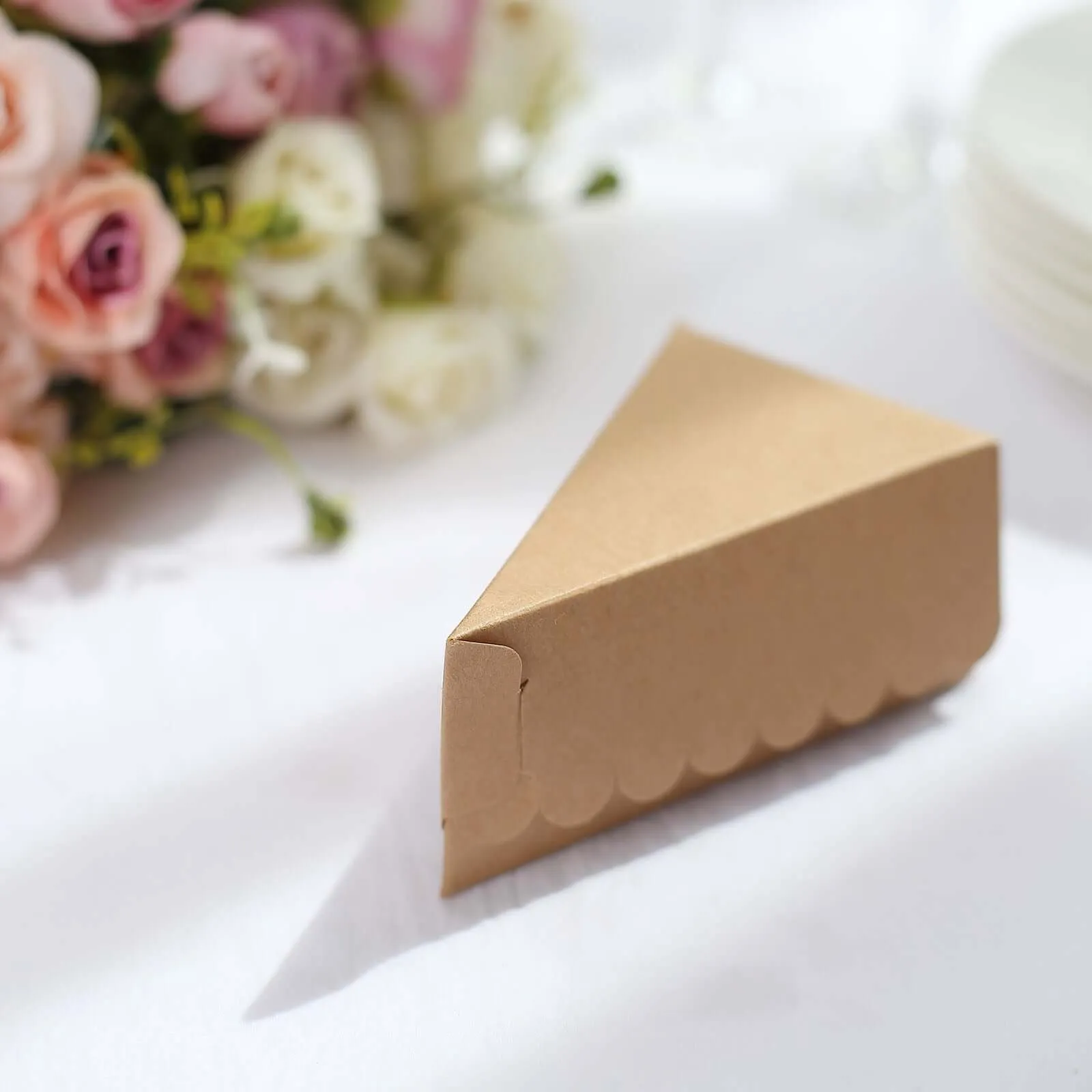 10 Pack 4"x2.5" Single Slice Natural Brown Paper Triangular Cake Boxes with Scalloped Top, Party Favor Gift Box