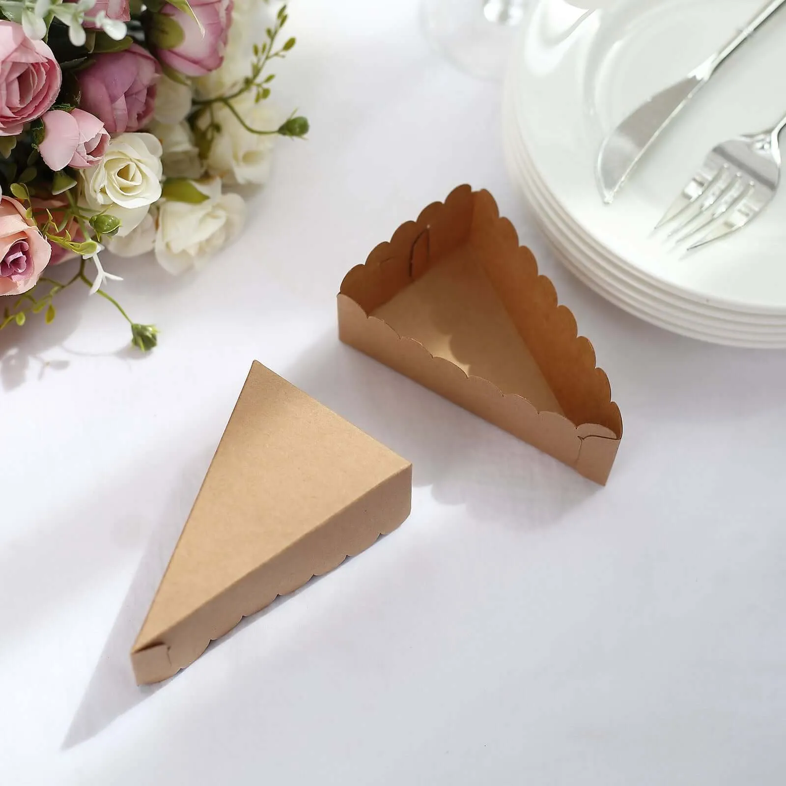 10 Pack 4"x2.5" Single Slice Natural Brown Paper Triangular Cake Boxes with Scalloped Top, Party Favor Gift Box