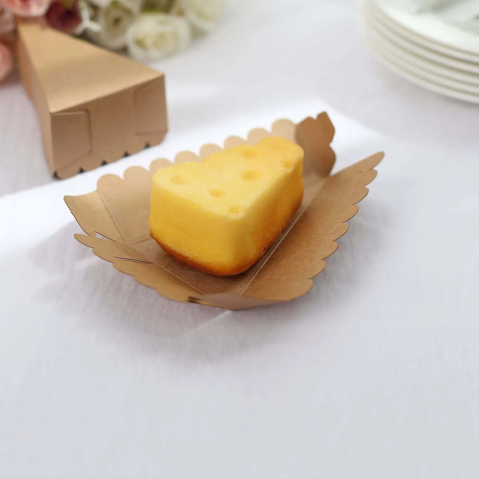 10 Pack 4"x2.5" Single Slice Natural Brown Paper Triangular Cake Boxes with Scalloped Top, Party Favor Gift Box