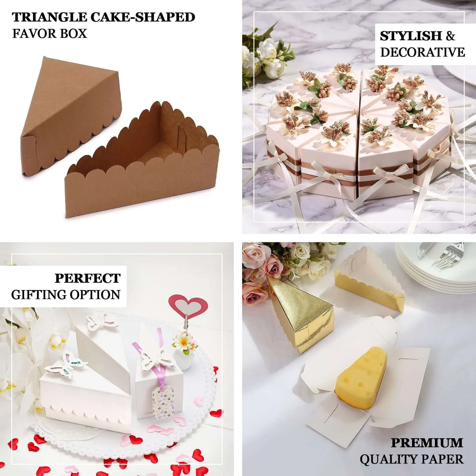 10 Pack 4"x2.5" Single Slice Natural Brown Paper Triangular Cake Boxes with Scalloped Top, Party Favor Gift Box