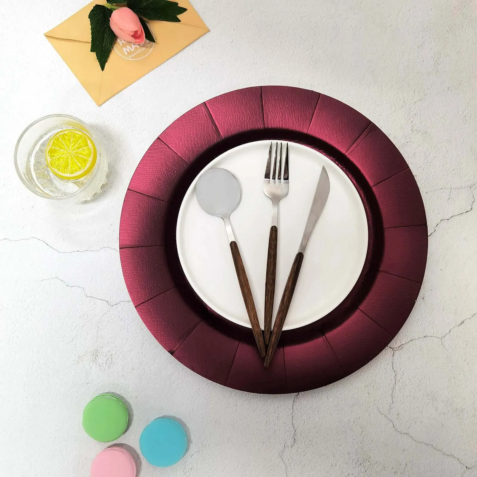 10 Pack Burgundy Disposable 13" Charger Plates, Cardboard Serving Tray, Round with Leathery Texture - 1100 GSM