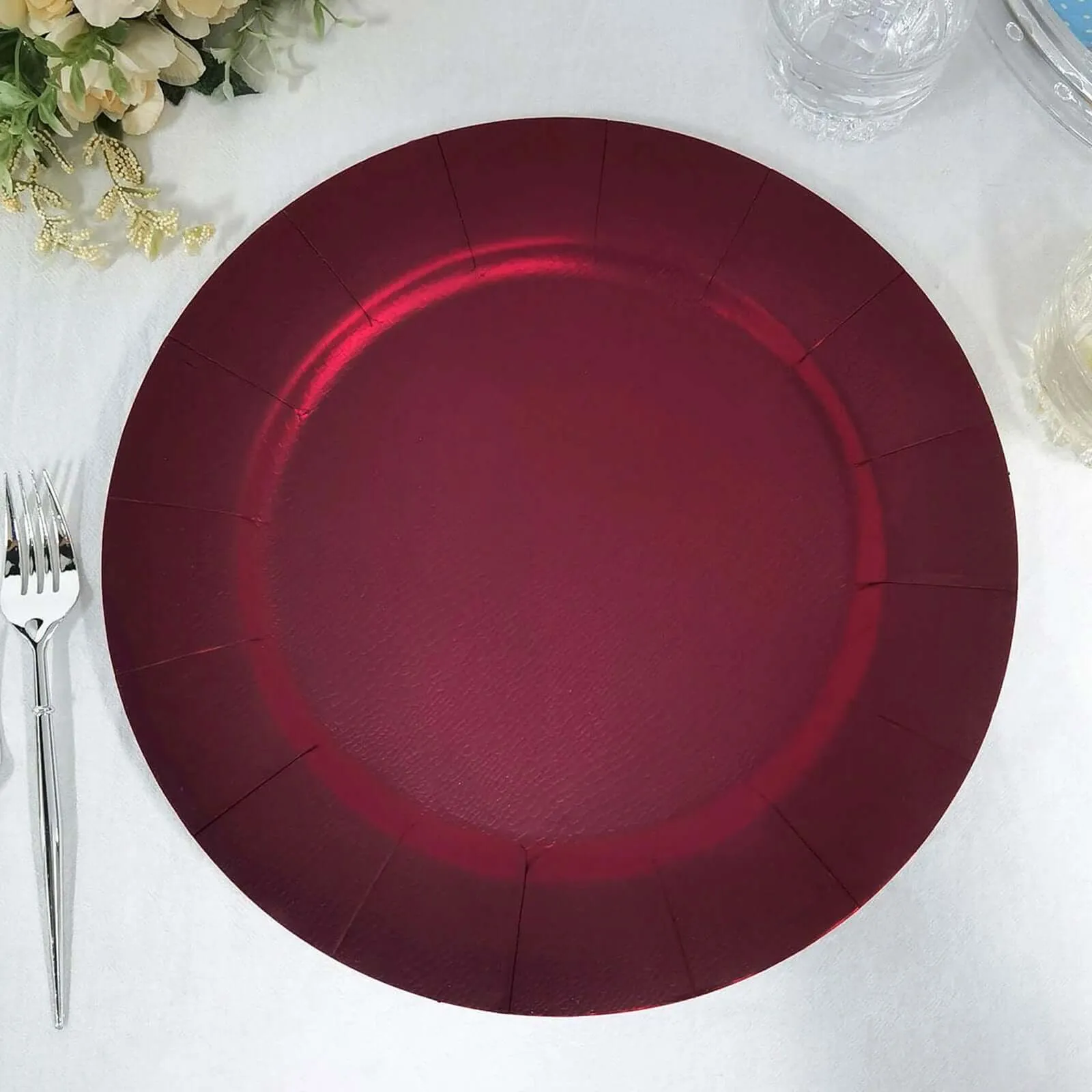 10 Pack Burgundy Disposable 13" Charger Plates, Cardboard Serving Tray, Round with Leathery Texture - 1100 GSM