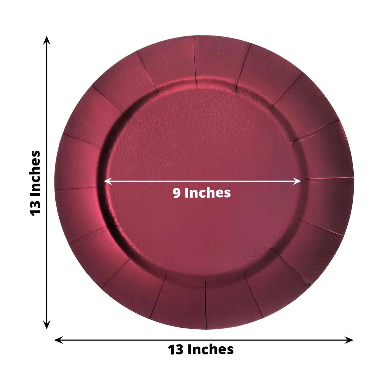 10 Pack Burgundy Disposable 13" Charger Plates, Cardboard Serving Tray, Round with Leathery Texture - 1100 GSM