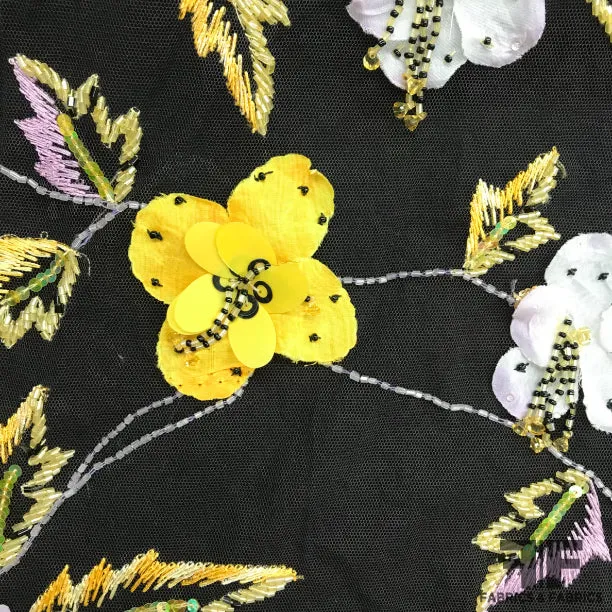 3D Floral Hand-Beaded Tulle - Black/Yellow