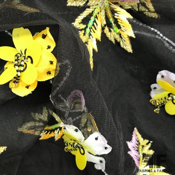 3D Floral Hand-Beaded Tulle - Black/Yellow