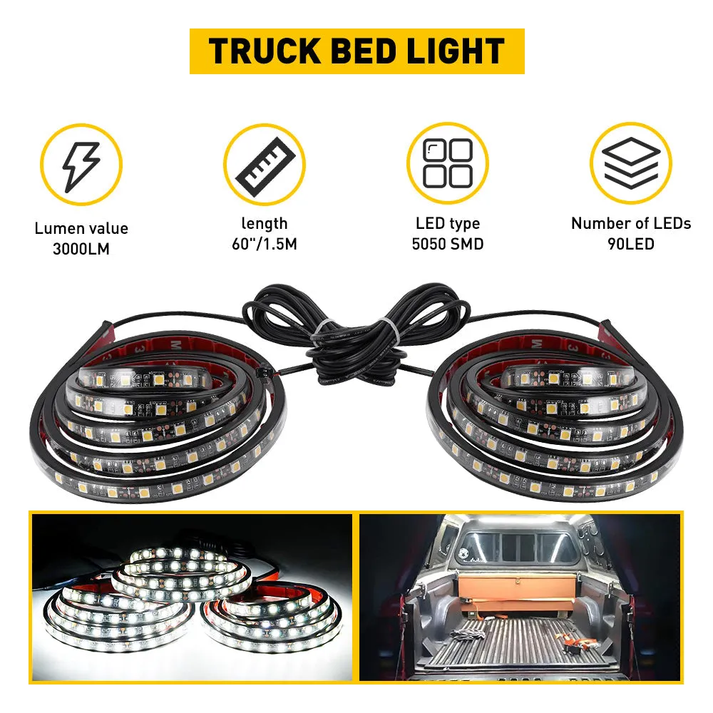 60inch Universal LED Truck Bed Lights Kit White Light with On/Off Switch 2Pcs