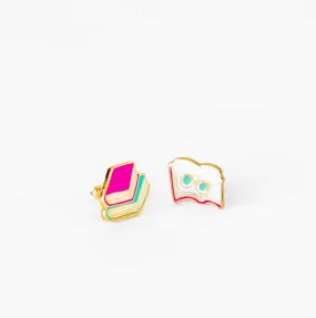 Asymmetrical Cloisonné Stud Earrings - Books & Glasses