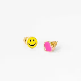 Asymmetrical Cloisonné Stud Earrings - Happy Face & Heart