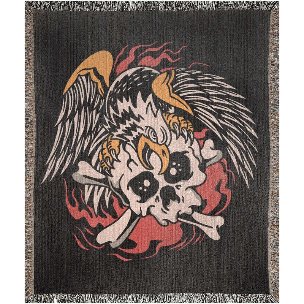 Bald Eagle Skull Traditional Tattoo Style Woven Fringe Blanket / / Wall tapestry, throw for sofa, maximalist decor, tattoo home decor