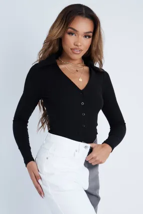 Black Plunge Button Front Collar Bodysuit - Isabella