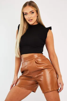 Black Ribbed Frill Shoulder Crop Top - Khyla