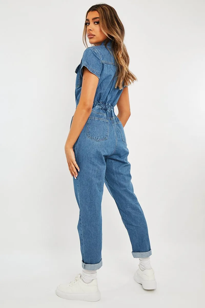 Blue Denim Button Front Boiler Jumpsuit - Kashia