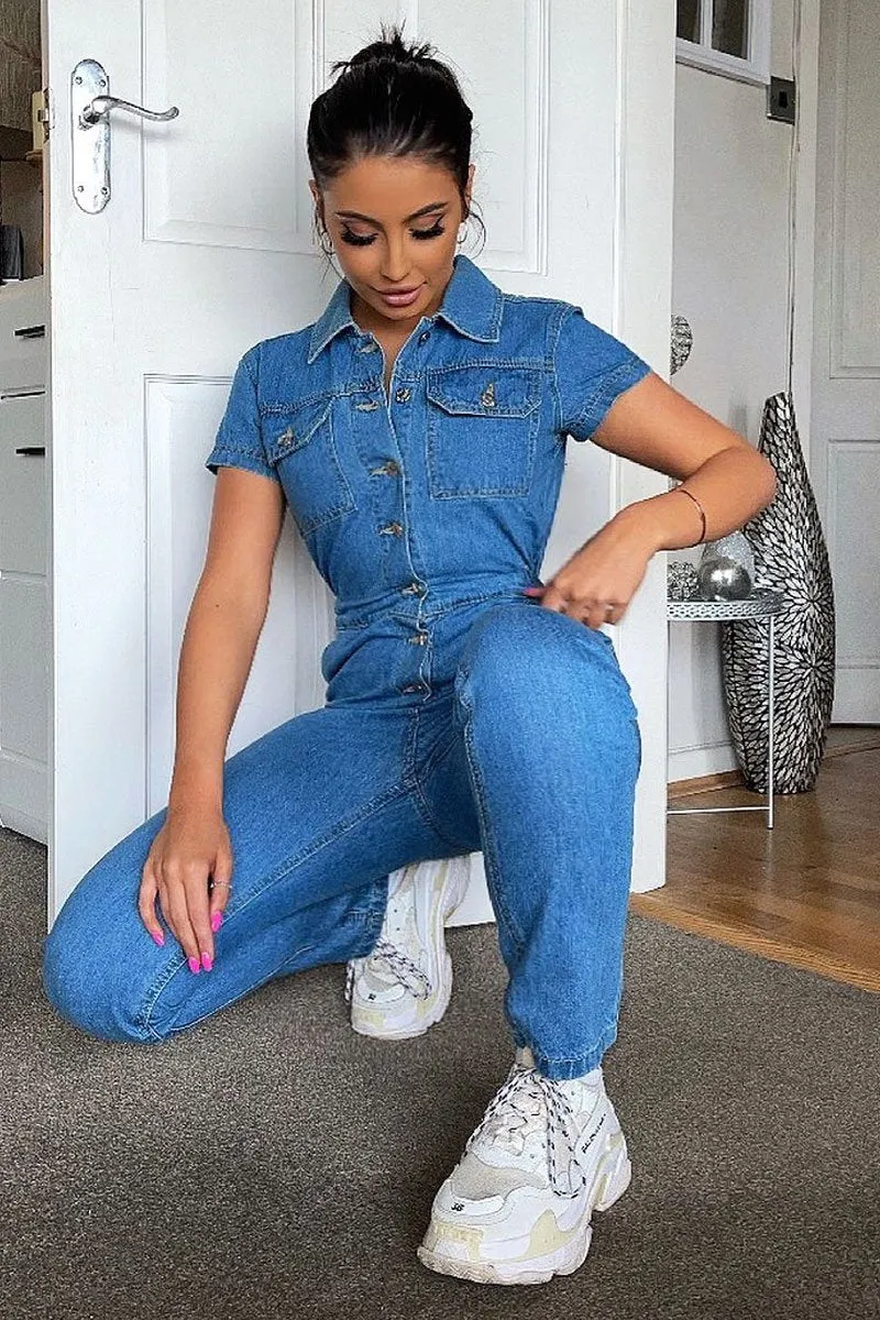 Blue Denim Button Front Boiler Jumpsuit - Kashia