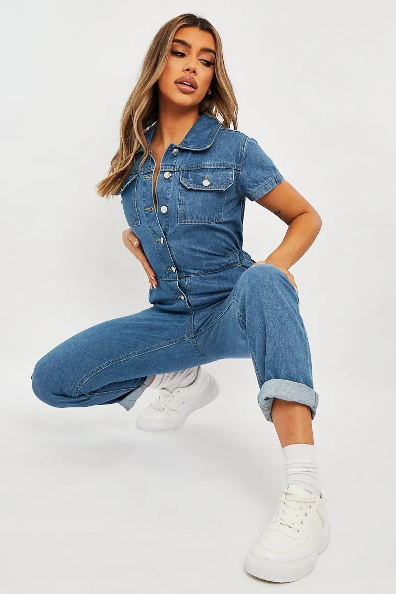 Blue Denim Button Front Boiler Jumpsuit - Kashia