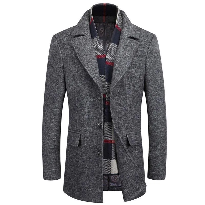 Classic Business Wool Pea Coat With Scarf