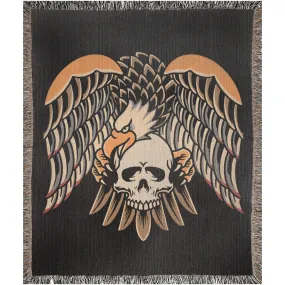 Eagle and Skull Traditional Tattoo Style Woven Fringe Blanket / / Wall tapestry, throw for sofa, maximalist decor, tattoo home decor