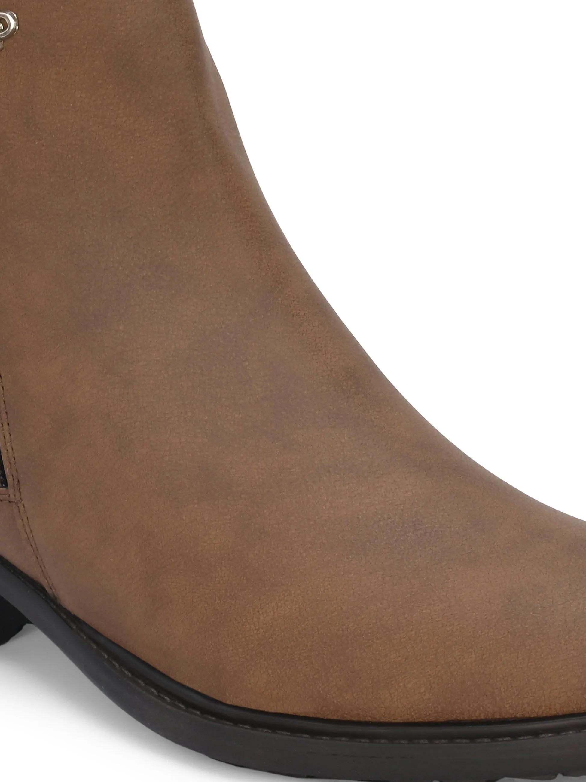 Elegant Tan Leather Zip-Up Ankle Boot For Women