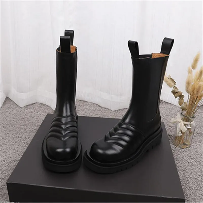 Genuine Leather Chelsea Boots Platform Ankle Boots Flat Botas Ladies  Booties