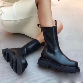 Genuine Leather Chelsea Boots Platform Ankle Boots Flat Botas Ladies  Booties