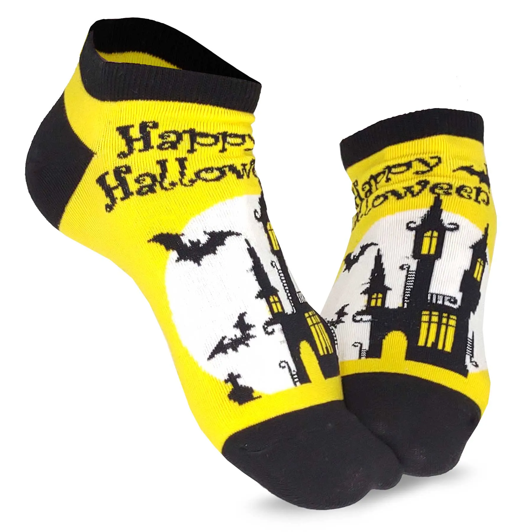 Happy Halloween Funny Grave Site Night Hunted House Black Bat Scary Lowcut Ankle Women 3-Pairs Yellow Black (2311)