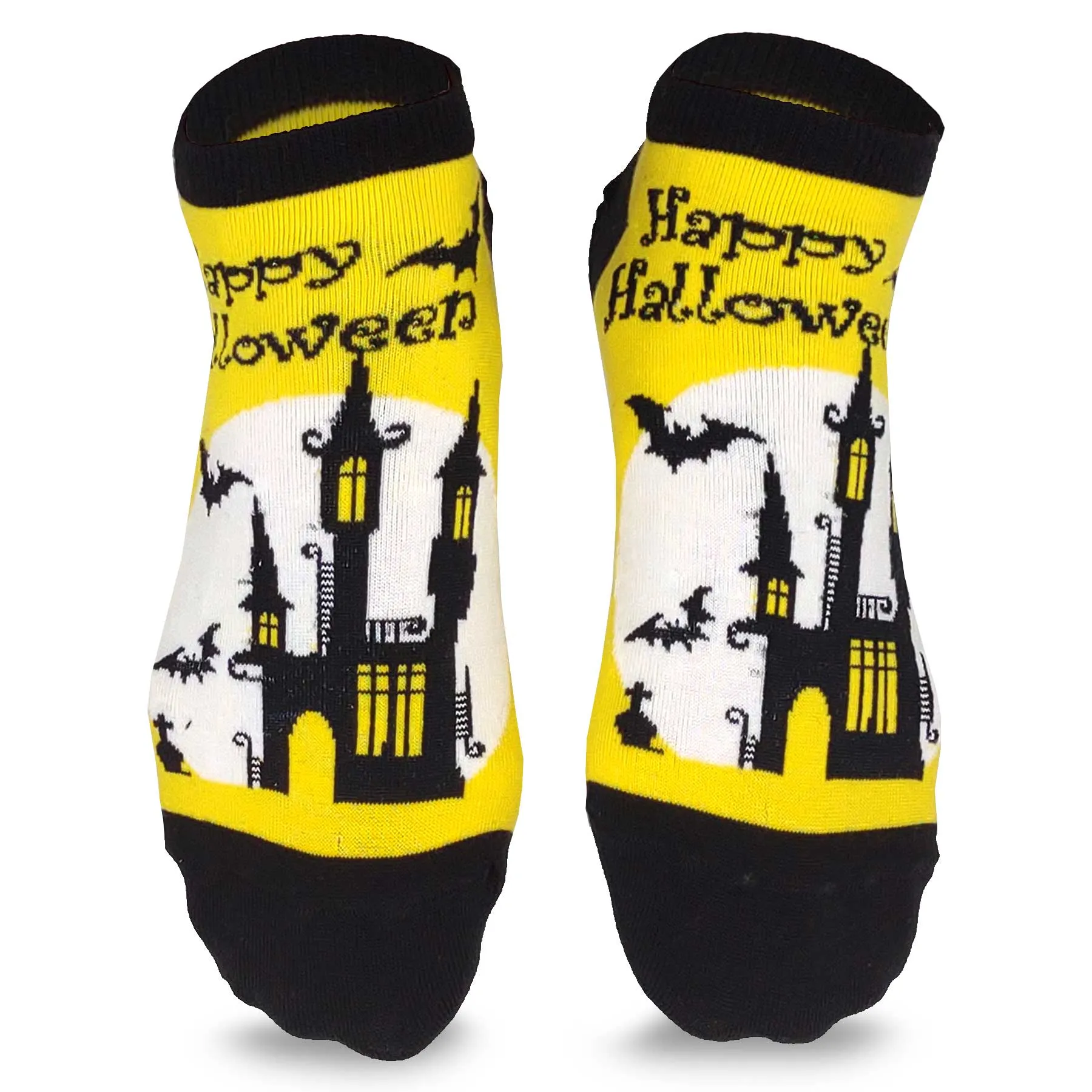 Happy Halloween Funny Grave Site Night Hunted House Black Bat Scary Lowcut Ankle Women 3-Pairs Yellow Black (2311)