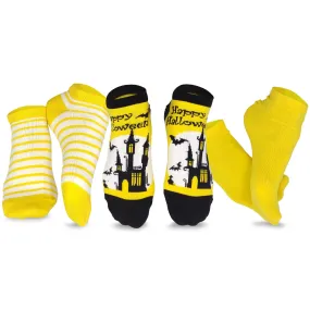 Happy Halloween Funny Grave Site Night Hunted House Black Bat Scary Lowcut Ankle Women 3-Pairs Yellow Black (2311)