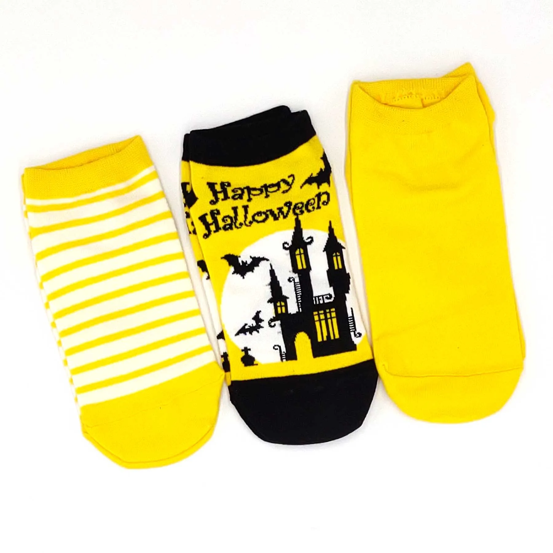 Happy Halloween Funny Grave Site Night Hunted House Black Bat Scary Lowcut Ankle Women 3-Pairs Yellow Black (2311)