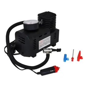 Koolatron 12V 4 in 1 Air Compressor Pump w/ Pressure Gauge, Portable Tire Inflator, 3 Nozzle Adapters with Sports Needle, Black, for Bicycle, Car, Air Mattress, Sports Equipment, Balls, Pool Toys