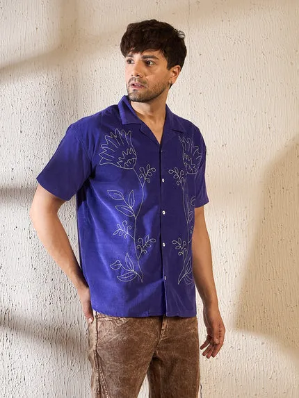 Purple Cord Floral Embroidery Cuban Shirt