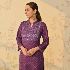 Purple Kutch Embroidered Woollen Kurta