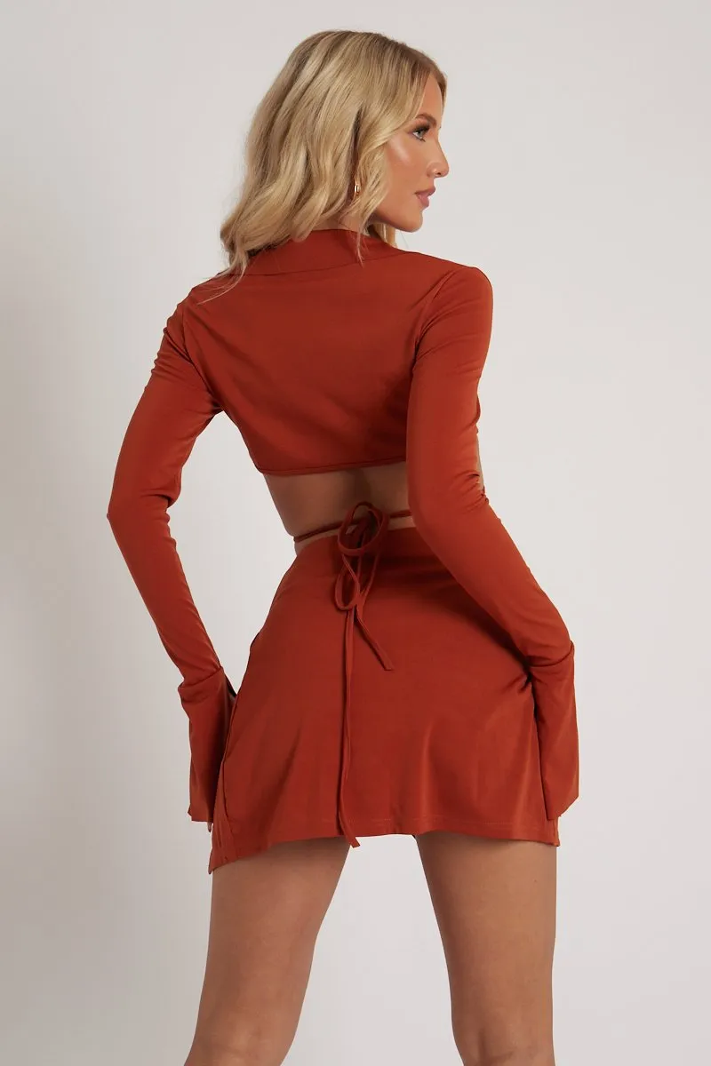 Tan Tie Waist Crop Top & Mini Skirt Co-Ord - Thora