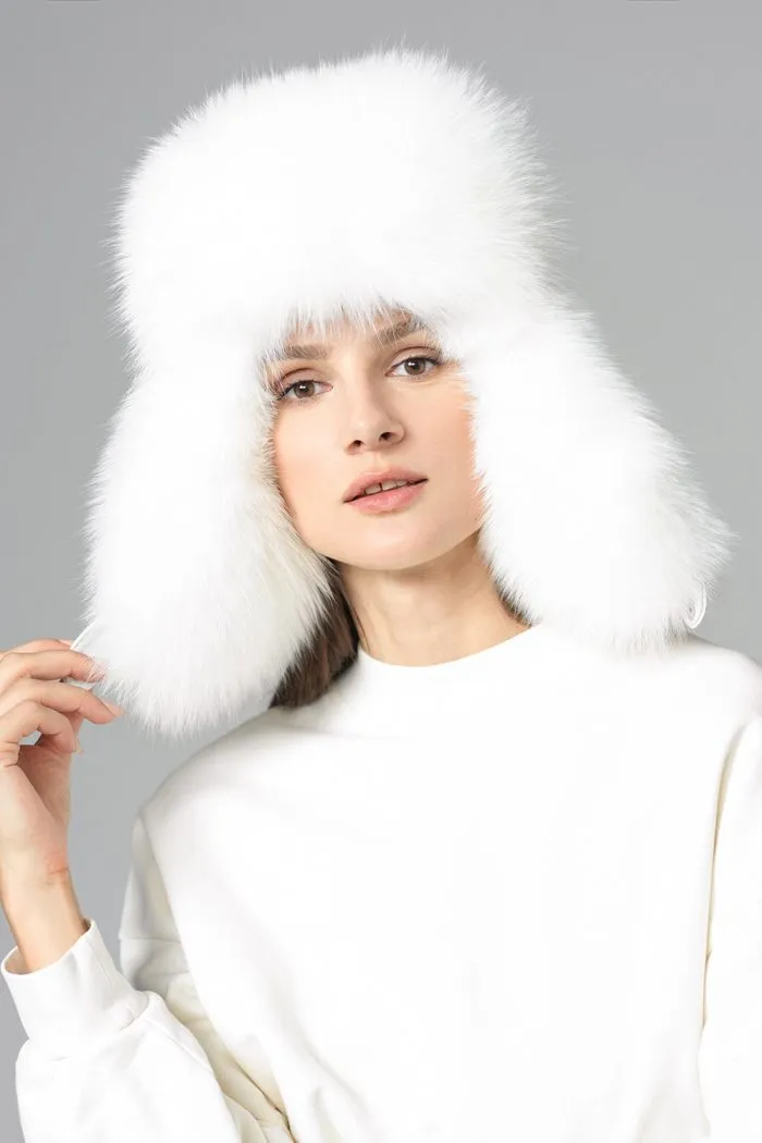 White Genuine Arctic Fox Fur Sheepskin Hat