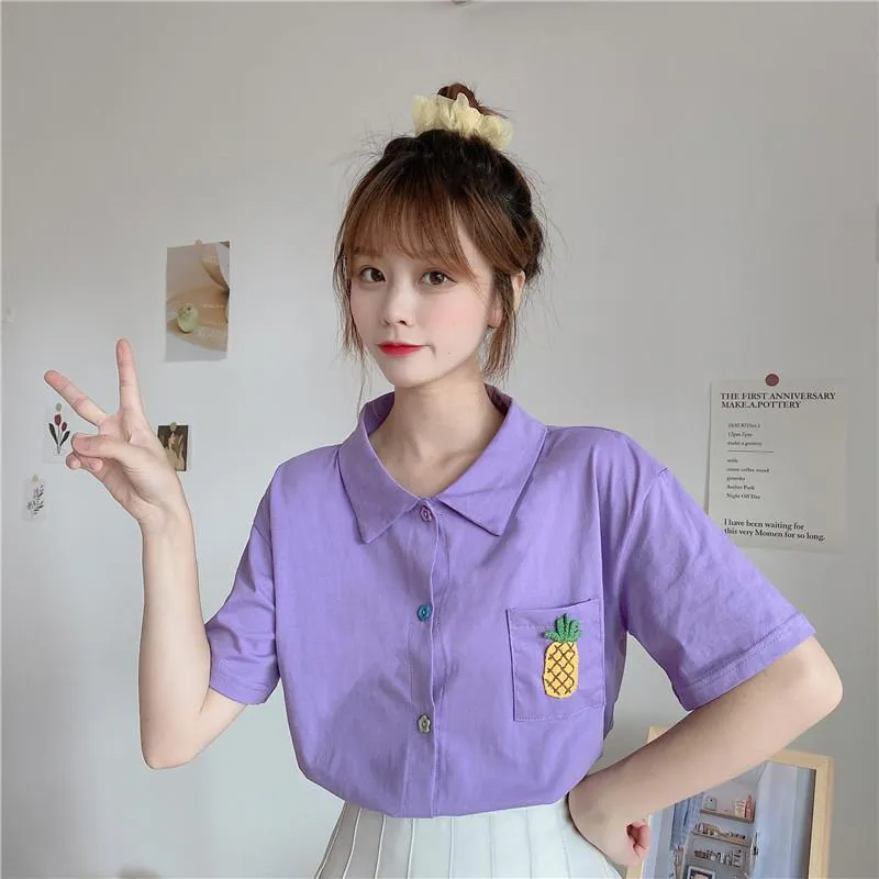 Women's Cute Pineapple Embroidered Shirts