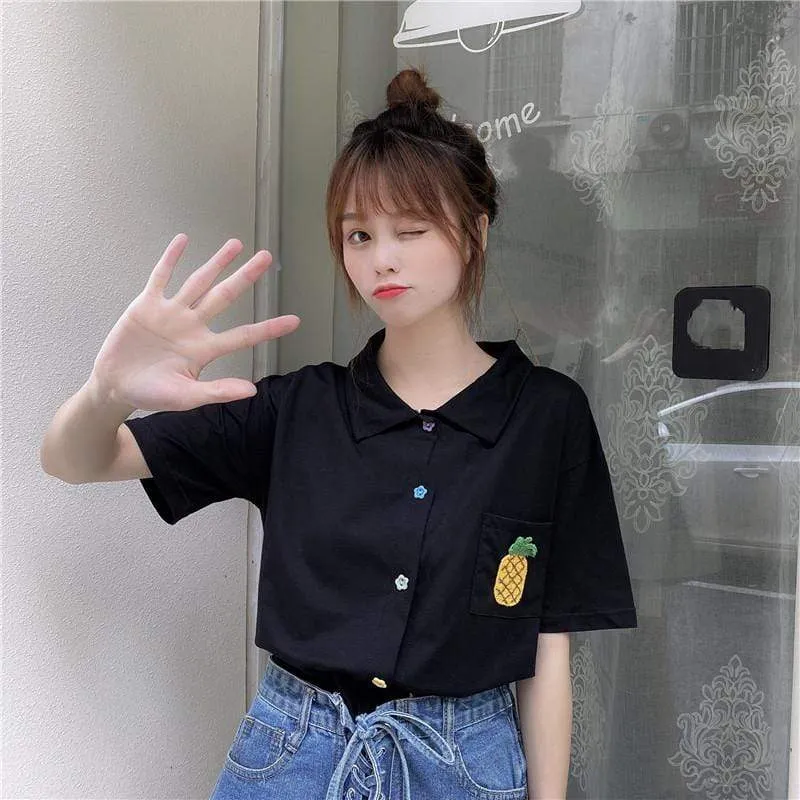 Women's Cute Pineapple Embroidered Shirts